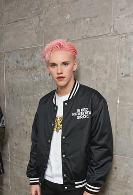 as a K-pop fan attending a fan meet, wearing a fan club jacket , standing at the meet&greet wall