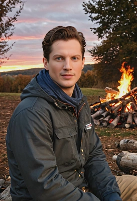 Cool portrait sitting by bonfire at autumn sunset