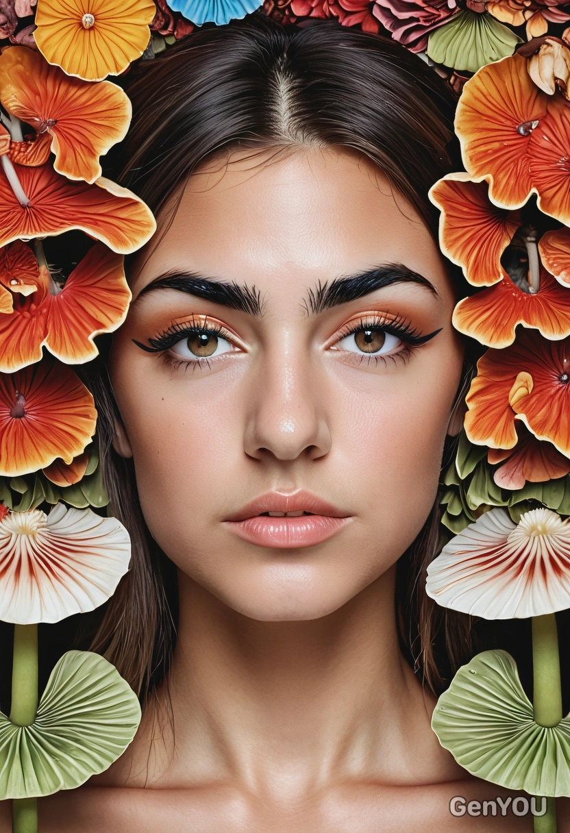wearing artsy makeup inspired by mushrooms, professional magazine photoshoot, symmetrical details
