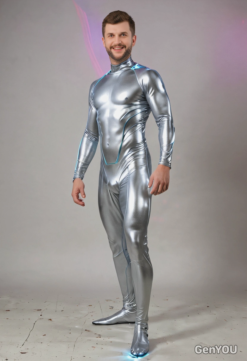 in Silver surfer costume, full body image, costume party setting, lights everywhere