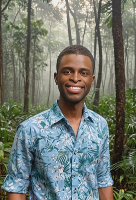 Light blue floral shirt in tropical forest author