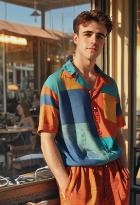 iPhone camera quality, hyperrealistic textured face skin, wearing stylish baggy oversized loose-fitting pachwork colorful jumpsuit, creative posing, blurry hip french cafe background, sunset sun rays from the window