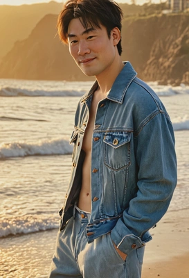 iPhone camera quality, sharp skin texture details, wearing trendy chunky oversized retro denim cropped jacket and wide leg pants, romantic photoshoot posing, walking at the shore, blurry ocean background, long soft shadows, golden hour