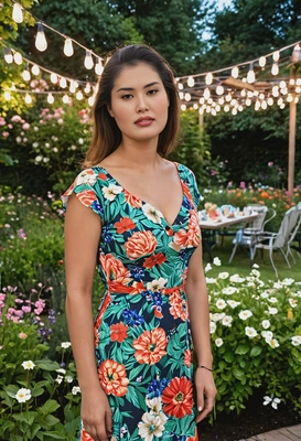 a woman wearing a floral dress, at a summer garden party, surrounded by blooming flowers and outdoor lights.