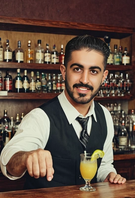 bartender shaking a cocktail, retro style, grainy