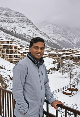Standing on a balcony overlooking a snowy mountain resort