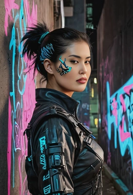 A cyberpunk graffiti artist, near a wall with glowing paint at night