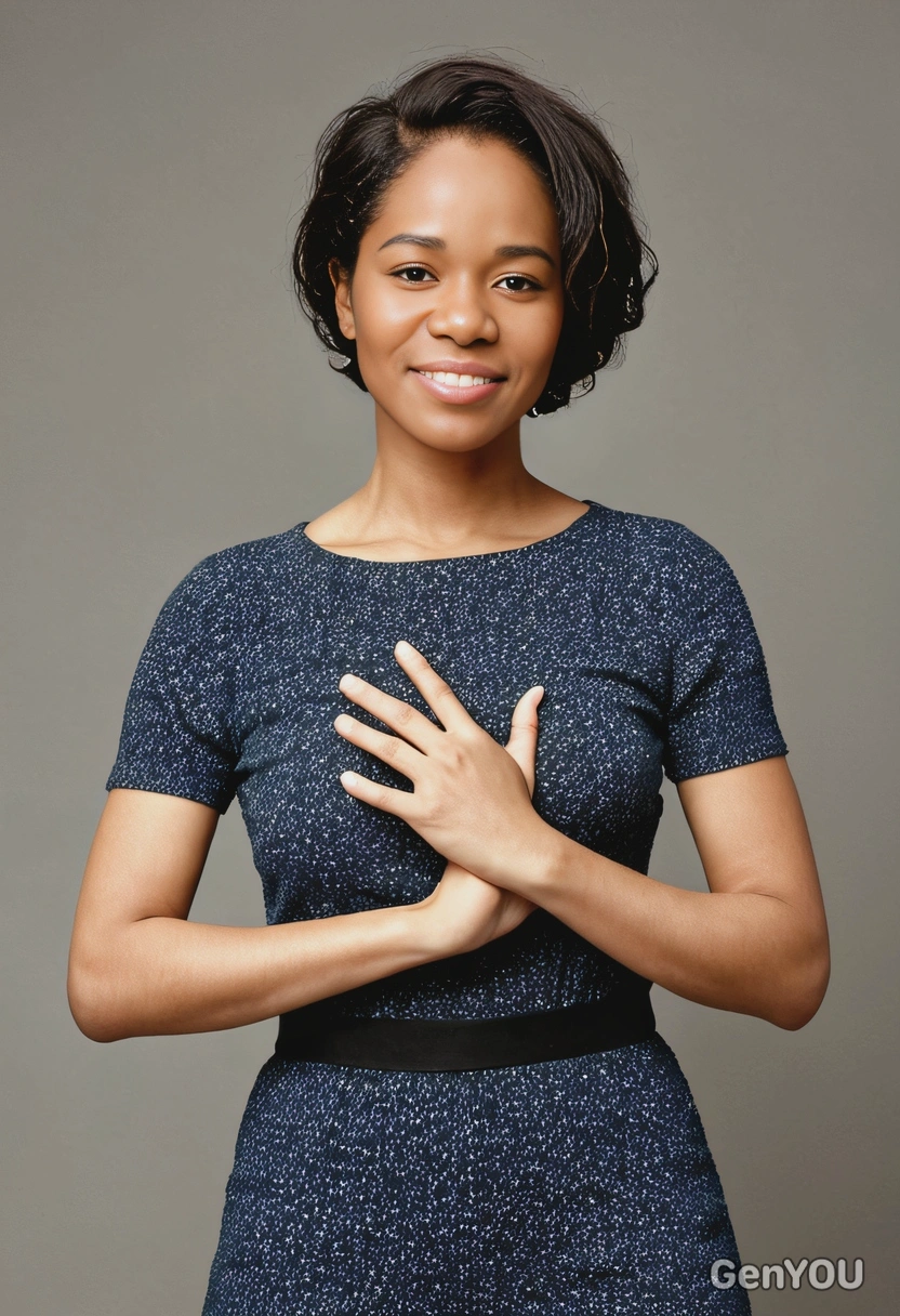 standing against a plain background, hands with fingers loosely intertwined together at waist level, pose is relaxed, neutral and natural demeanor, short hair, centered image