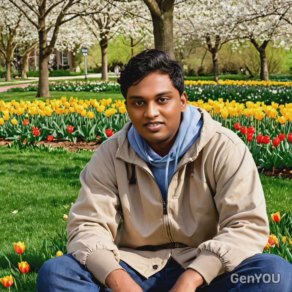 in a casual spring outfit, sitting on the grass, surrounded by blooming daffodils and tulips in a peaceful park