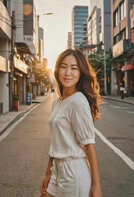a city dreamer, full-body shot, walking along a quiet street at golden hour, voluminous hair, confident smile, cinematic look, blurred city background with glowing sunset tones, sharp skin texture details
