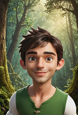 3D Disney style, flying Peter Pan from Disney’s "Peter Pan," oversized cartoon big sparkling eyes, waist-up portrait, magic forest background