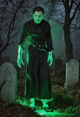 as a ghoul, rising from a grave with eerie green light 