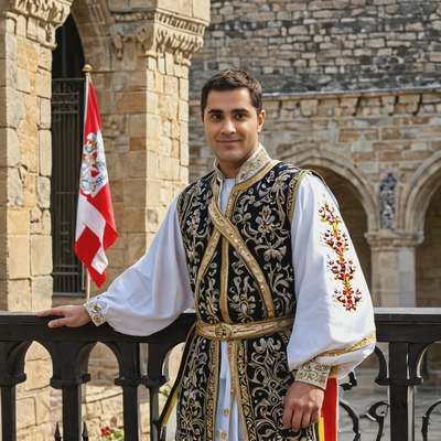as a noble lord, wearing a finely embroidered tunic, standing on a castle balcony overlooking the kingdom, with flags fluttering in the wind