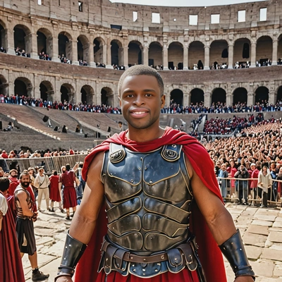 as Maximus from Gladiator, wearing Roman armor with a red cape, standing in the Colosseum with a crowd cheering, half body view 