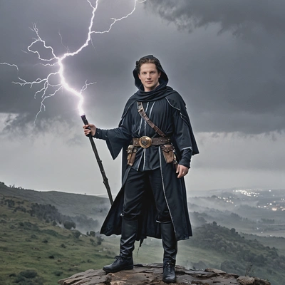 dressed as a dark wizard, standing on a misty hilltop with lightning flashing in the distance