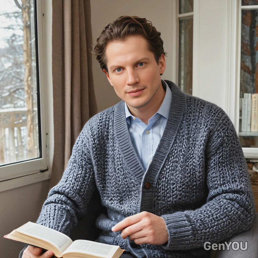 sitting in a wool cardigan, sitting with a book by a window, winter outside 