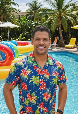 a man in a Hawaiian shirt at a tropical-themed pool party, surrounded by palm trees and inflatable pool toys