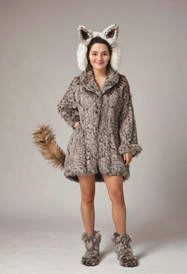 "dog fur clothing with ears tail posing like dog full-body"