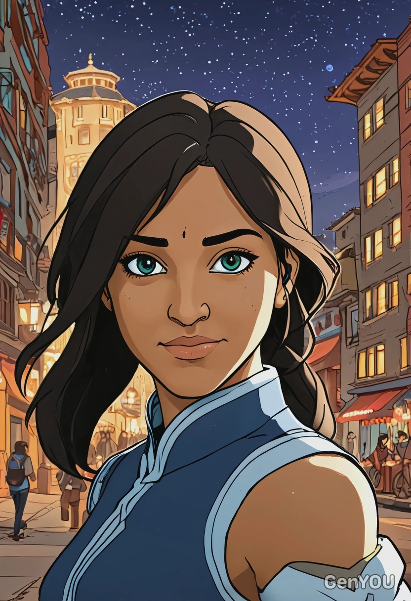 Hand-drawn flat cartoon style, Korra from Legend of Korra, dynamic outlines, oversized cartoon big sparkling eyes, elemental glow lighting, waist-up portrait, Republic City background