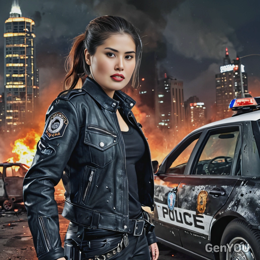 as a mad racer, zombie apocalypse, police black leather jacket with metal studs, standing in front of a police car, pistol in hand, destroyed burning skyscrapers, looking straight at camera, night sky, vivid colors, high-quality cinematographic style