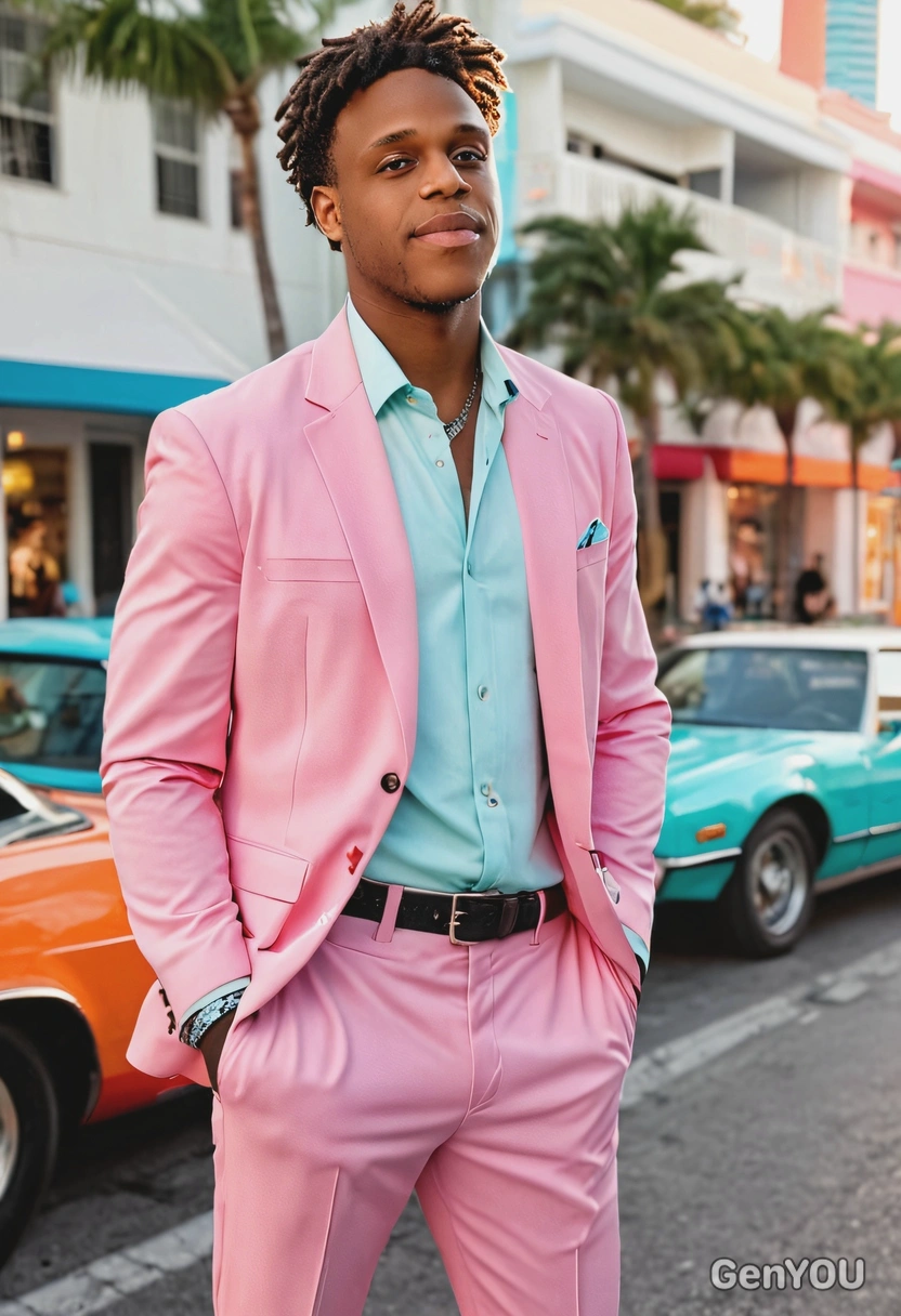 Retro 80s vibes, Miami Vice style with a pastel Slim-fit suit, open colar Loose-Fit Shirt with rolled sleeves, blurry Vibrant  street and american retro car on the background, bright outdoor light
