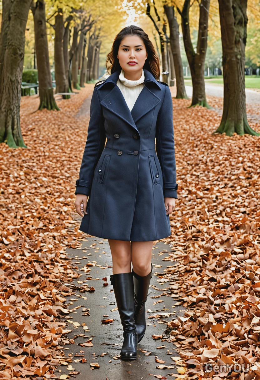 wearing a stylish coat and boots, walking along a tree-lined path covered in fallen leaves