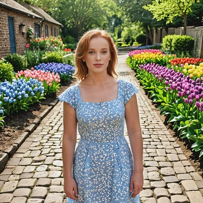 in a light blue dress, standing through a cobblestone path lined with colorful tulips and lilacs, the bright sunlight casting shadows through the garden, half body portrait 
