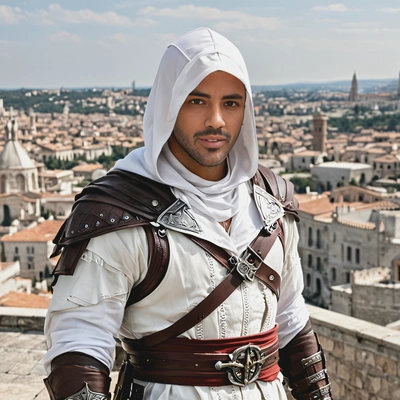 as Ezio Auditore from Assassin's Creed, in a white hood and leather armor, standing on a rooftop overlooking a Renaissance city, serious, confident, half body 
