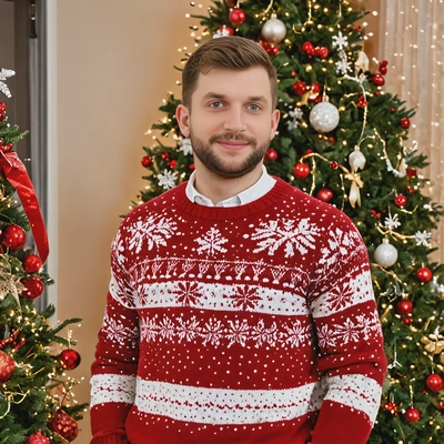 wearing a cozy red sweater with snowflake patterns, standing in front of a beautifully decorated Christmas tree with twinkling lights and wrapped presents underneath