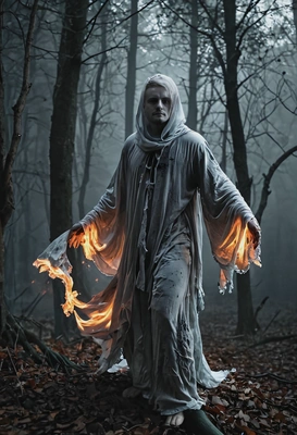 ethereal fiery ghost floating in a moonlit forest, a classic specter in tattered flowing clothes, dynamic pose, Halloween aesthetics, dark blurred background, high-quality professional shot, eyes on you
