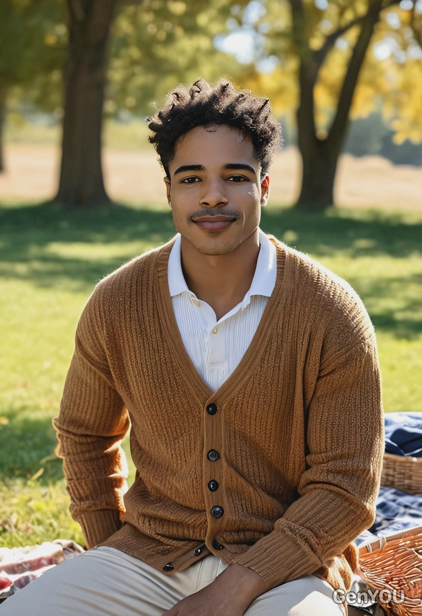 Sharp quality photo, sitting on the picnic, wearing a loose cashmere cardigan, bright sunny light, blurry background