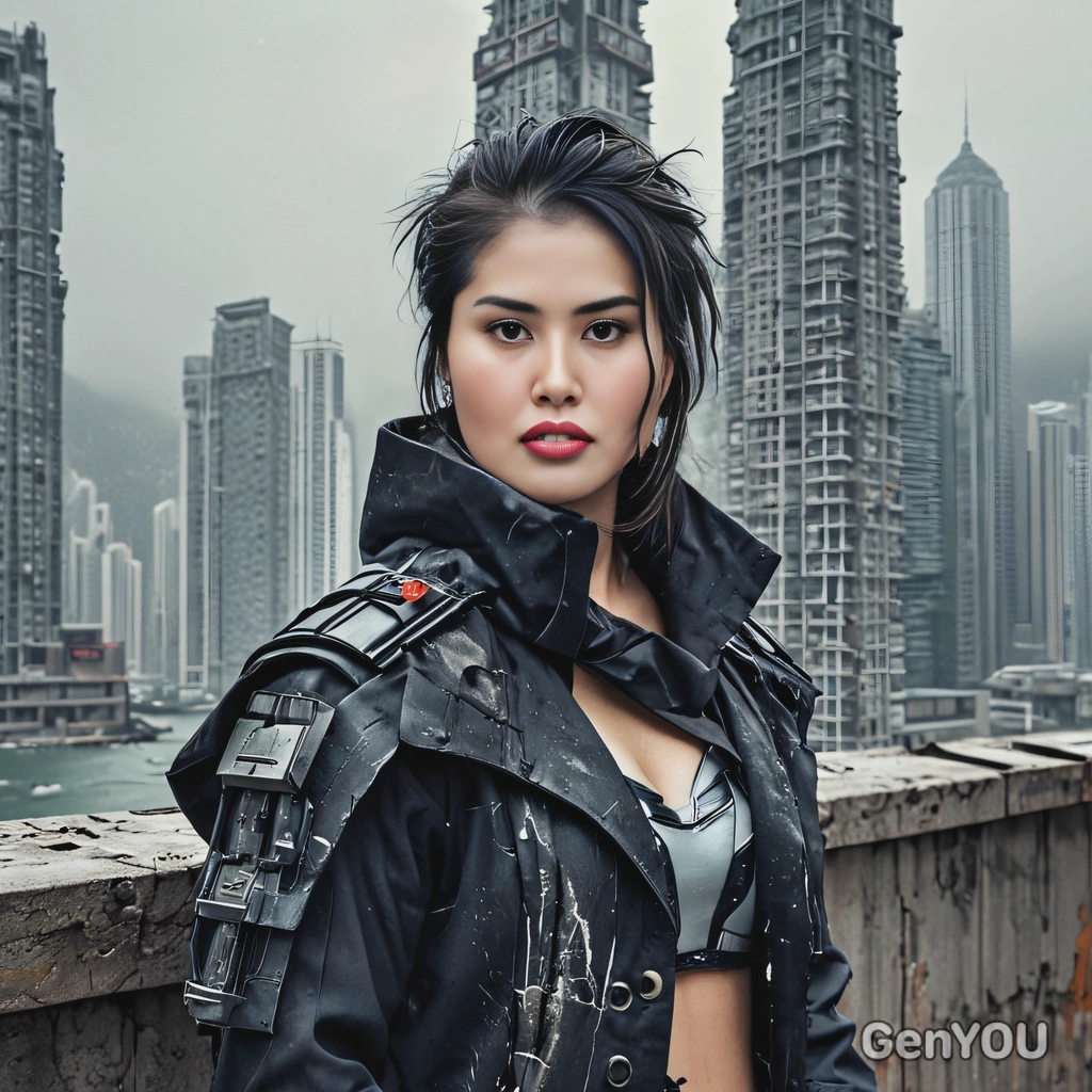as a cosplayer of post-apocalyptic movie, cyberpunk, old torn tattered coat, standing by broken wall, futuristic Hong Kong skyscrapers on horizon, winter, snowstorm, looking straight at camera, dull colors, high-quality cinematographic style