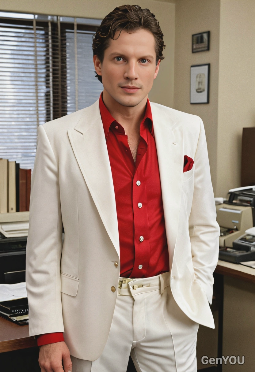 as Al Pacino's Scarface from Scarface, wearing a white suit with a red shirt, nstanding in a lavish 1980s-style office