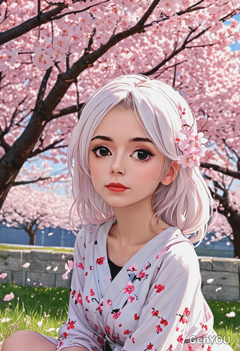 sitting under cherry blossoms, anime style, big eyes, manga drawing