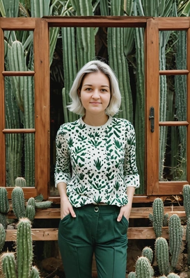 in dark-green cacti outfit, wooden window with a forest, weird pose, blurred background, symmetrical details, hands in pockets, photoshoot for fashion magazine