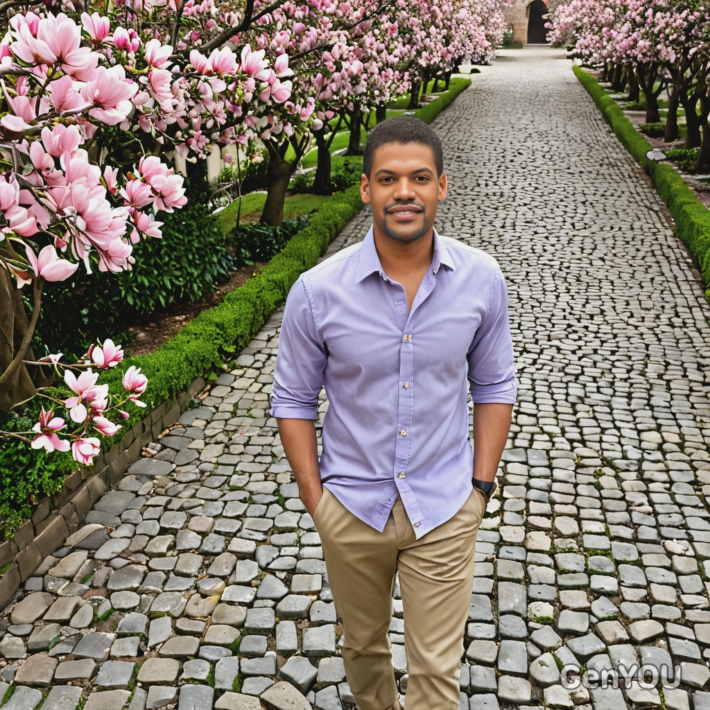 in a pastel button-up shirt and chinos, standing through a cobblestone path lined with blossoming magnolia trees, the fresh scent of spring in the air, mid shot photo