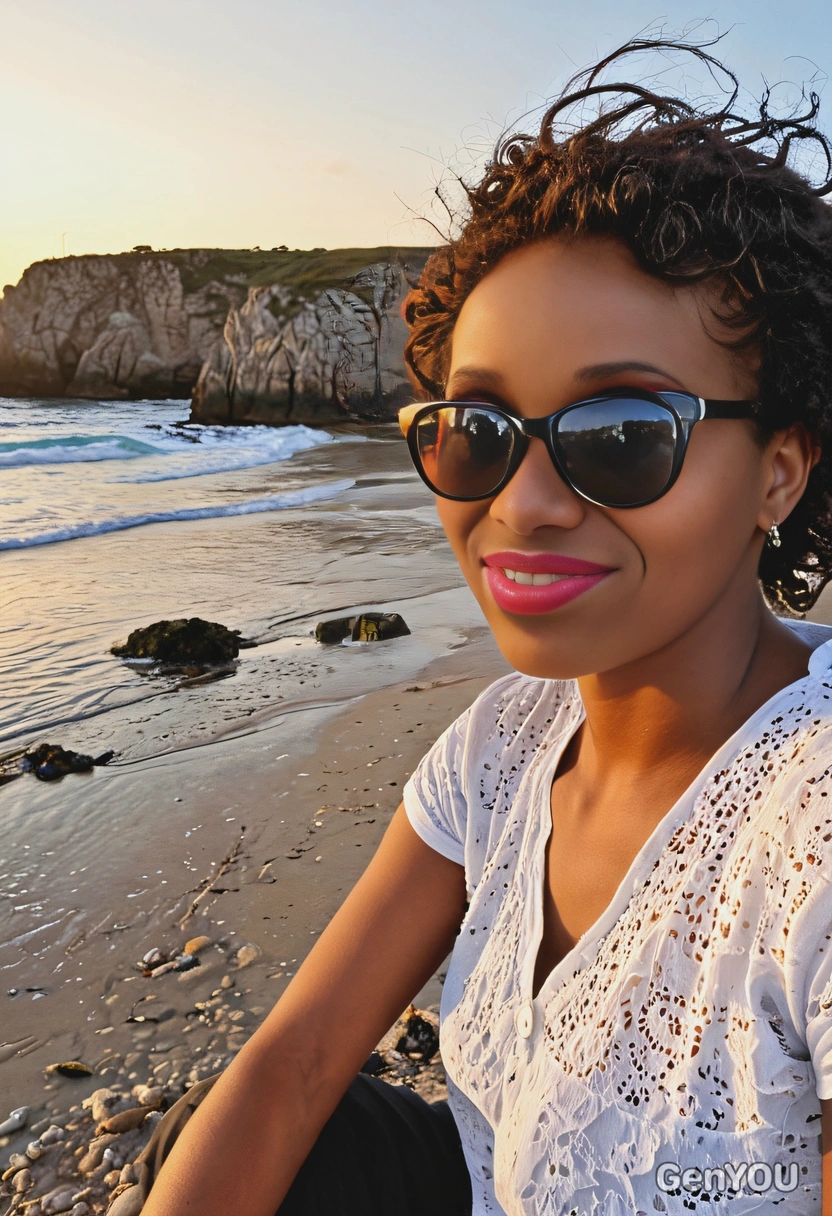 Relaxing at the Playa de Las Catedrales in Spain, wearing sunglasses, sunset
