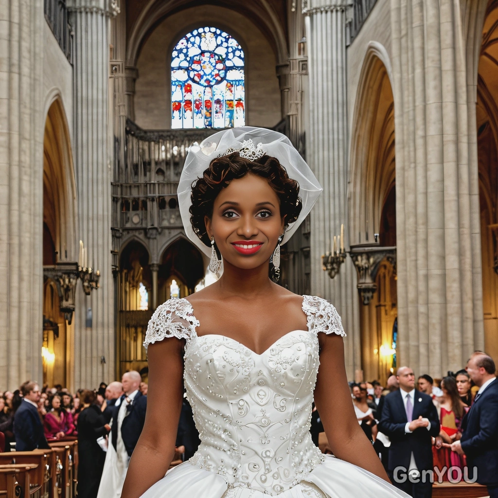 As a bride wearing a dramatic ball gown with a full skirt, standing inside a grand cathedral for a traditional ceremony, close up photo