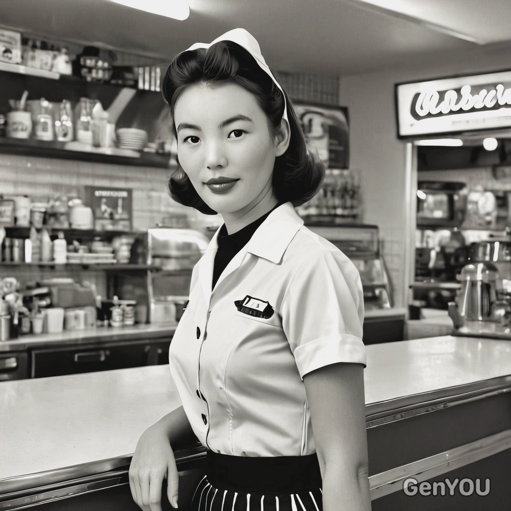 in 1950s diner uniform, standing behind a retro counter, with a black and white effect