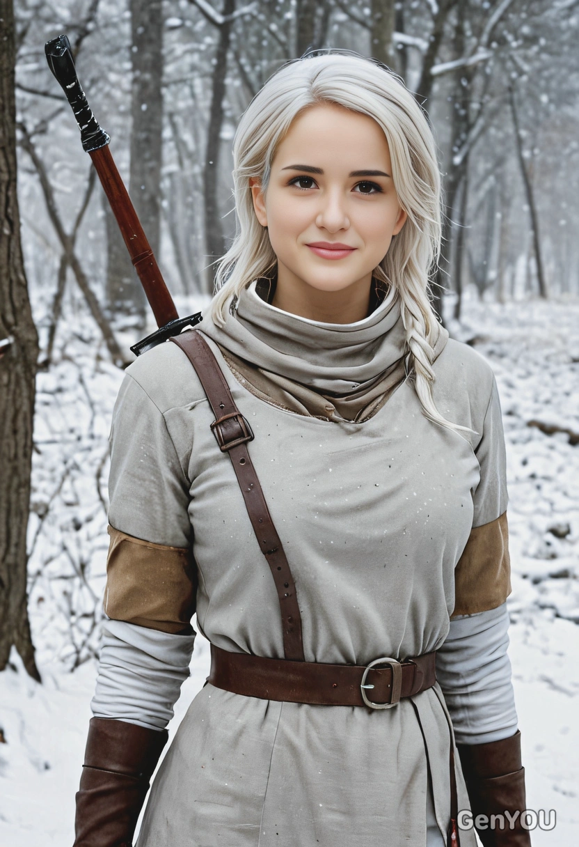 as Ciri from The Witcher 3,  wearing her ash-colored tunic, standing in a snowy landscape with a determined expression