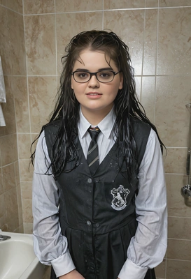 as Moaning Myrtle from Harry Potter, wearing a ghostly Hogwarts uniform with wet hair and a sad expression, standing in the dimly lit, misty bathroom
