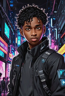 in a futuristic setting with high-tech gadgets and neon lights, anime style, big eyes, manga drawing