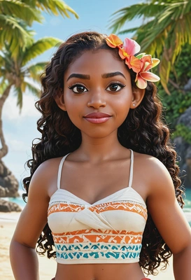 3D Disney cartoon style, soft smiling Moana, wearing island outfit, oversized cartoon big sparkling eyes, waist-up pose, tropical beach background
