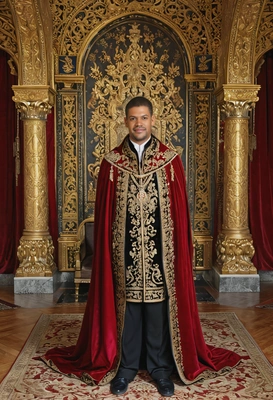 a man dressed in regal attire, wearing a velvet cloak with gold embroidery, standing tall in a grand throne room surrounded by ornate decor, half body portrait 
