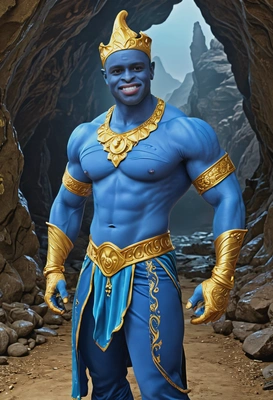 as a magical blue genie, whole body painted blue, blue face, muscular, mischievous grin, smiling, cave full of gold, symmetrical clothing details, cartoon style, high-quality stylized art