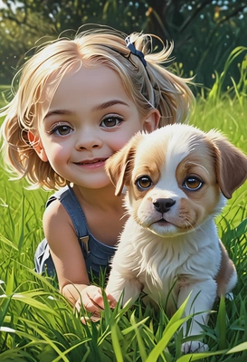 playing with a puppy in the grass, high-quality stylized art, big eyes, cartoonish, visible brushstrokes