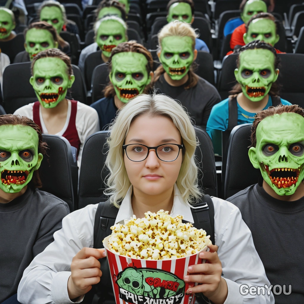 as a street fighter, zombie apocalypse, smart casual clothes, holding a popcorn, green zombie heads, green zombies on theater seats, looking straight at camera, vivid colors, high-quality cinematographic style