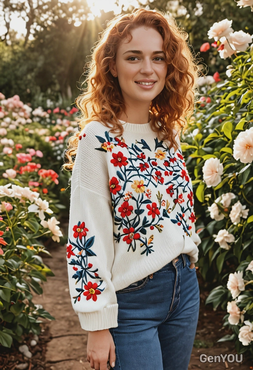 iPhone camera quality, sharp skin texture details, mid-shot, wearing trendy oversized sweater with big flowers embroidery all over the sweater, and boyfriend wide leg jeans, earthly toned mule shoes, tiny curls ginger long hair, walking in the botanical garden, romantic posing, morning sun rays