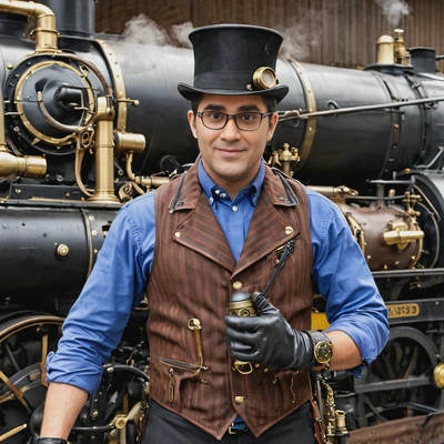 as a Steampunk engineer, wearing a vest with brass tools, leather gloves, and a top hat with goggles, standing next to a steam-powered engine