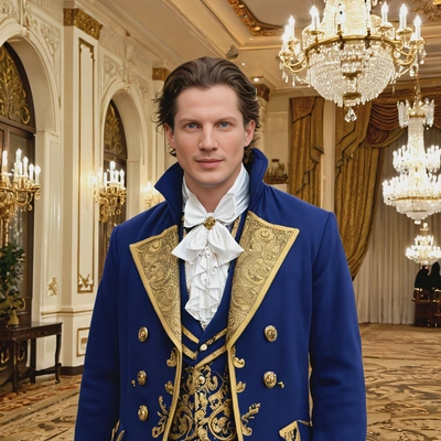 As the Beast from Beauty and the Beast, dressed in a royal blue coat with golden accents, standing in a grand ballroom illuminated by a chandelier